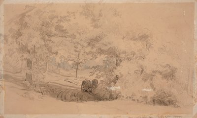 Skogslandskap med häst och vagn ; Skogslandskap, man som fiskar på en bro över en bäck (dubbelsidigt arbete) av Werner Holmberg