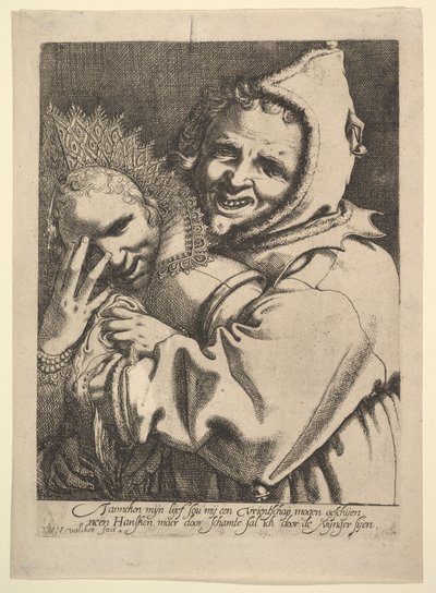 Dåre med en flicka som tittar genom hennes fingrar. av Werner Jacobsz. van den Valckert