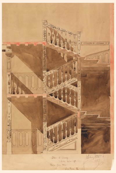 Teckning, trappan vid Cluny, Paris, 1887 av Whitney Warren Jr.