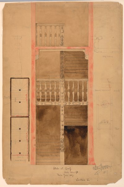 Teckning, trappan vid Cluny, Paris, 1887 av Whitney Warren Jr.