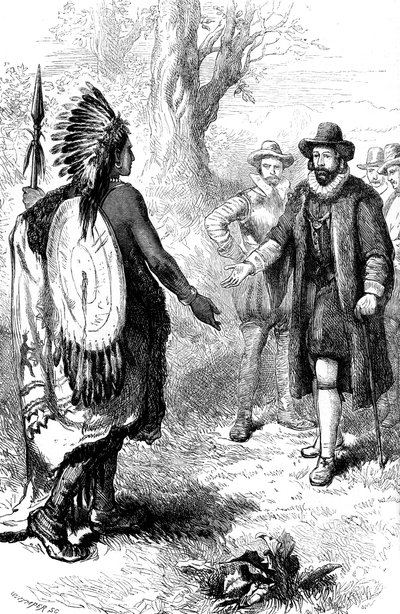 Mottagande av en Narragansett-krigare av John Winthrop, Massachusetts, c1630-talet c1880 av Whymper