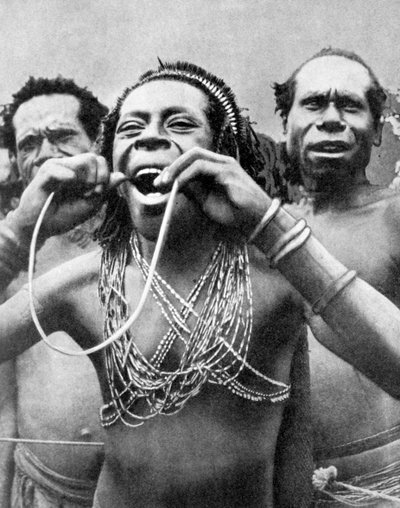 Svälja käppar i en ceremoniell ritual, Nya Guinea, 1936. av Wide World Photos
