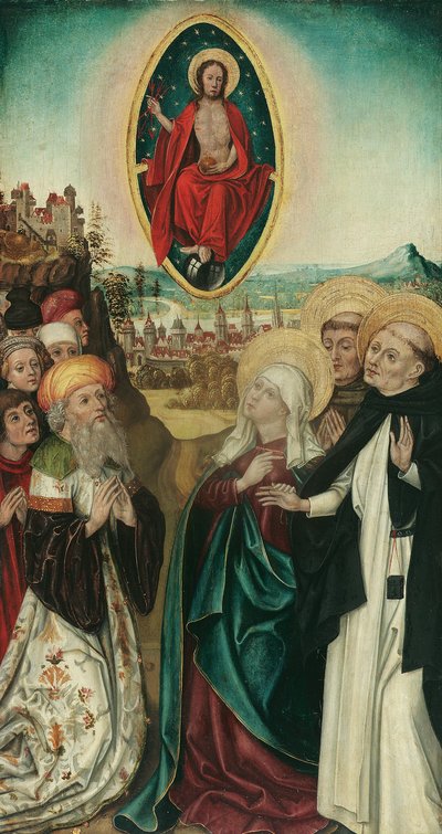 vision av st Dominic of Christ med de tre spjuten av Wiener Maler (Umkreis Meister des Schottenaltars)