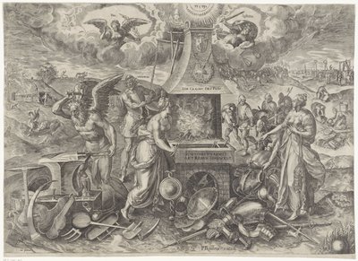 Fredens makt, 1577 Die Cracht des Peys (titel på objekt) Allegorier om den förnyade fredsperioden i Nederländerna (serietitel) av Wierix