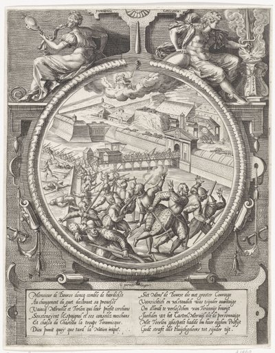 Bourses trupper driver ut de tyska soldaterna från Treslong och Merville från citadellet, 1577 Medaljonger med erövringen av citadellet i Antwerpen 1577 (serietitel) av Wierix