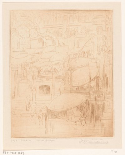 Män och kvinnor som badar och ber på stranden av Ganges i Benares Praying and Praying (originaltitel) On the Ganges (titel på objekt) av Wijnand Otto Jan Nieuwenkamp (signed by artist)