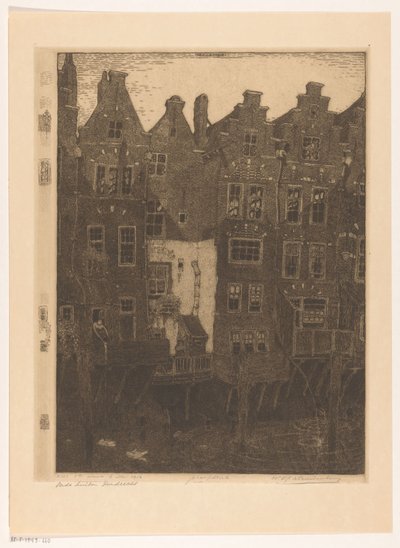 Hus på Voorstraatshaven i Dordrecht Kanalen, Dordrecht (originaltitel) Gamla hus, Dordrecht (titel på objekt) av Wijnand Otto Jan Nieuwenkamp (signed by artist)