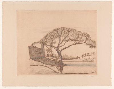 Hus, träd vid damm och kvinnor med vattenkannor på huvudet Nära Kairo (originaltitel) av Wijnand Otto Jan Nieuwenkamp (signed by artist)