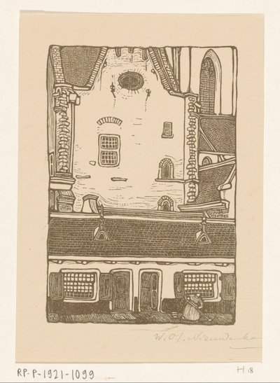 Hus mot Sint-Bavokerk på Oude Groenmarkt i Haarlem St. Bavo, Haarlem (originaltitel) av Wijnand Otto Jan Nieuwenkamp (signed by artist)