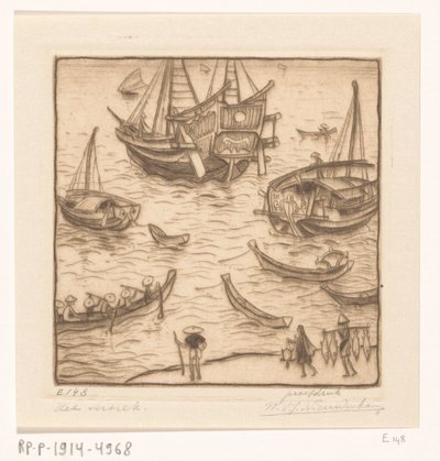 Fartyg i en vik på Lomboks östkust The Departure, Lombok (originaltitel) av Wijnand Otto Jan Nieuwenkamp (signed by artist)