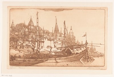 Fartyg med ved på stranden av Ganges i Benares Skepp med ved, Benares (originaltitel) Ships, Benares (titel på objekt) av Wijnand Otto Jan Nieuwenkamp (signed by artist)