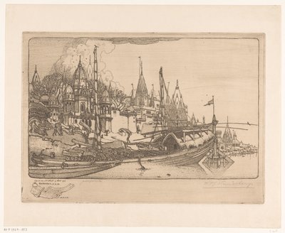 Fartyg med ved på stranden av Ganges i Benares Skepp med ved, Benares (originaltitel) av Wijnand Otto Jan Nieuwenkamp (signed by artist)
