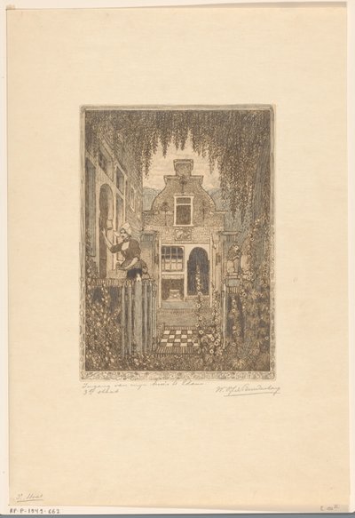 Kvinna i traditionell kostym knackar på en ytterdörr i Edam Vid ytterdörren (originaltitel) Ingången till mitt hus i Edam (titel på objektet) av Wijnand Otto Jan Nieuwenkamp (signed by artist)