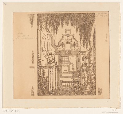Kvinna i traditionell klänning knackar på en ytterdörr i Edam Vid ytterdörren (originaltitel) av Wijnand Otto Jan Nieuwenkamp (signed by artist)