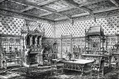 Design för en gotisk matsal, publicerad i The House-Furnisher & Decorator, 1 september 1872 av Wilberforce Haddon