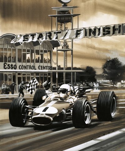 Jack Brabham gör tummen upp när han vinner det första Grand Prix-loppet i Kanada någonsin av Wilf (20th century) Hardy