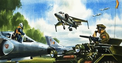Titta - ingen landningsbana. Den senaste utvecklingen inom flygplan. Harrier Jump Jet av Wilf (20th century) Hardy