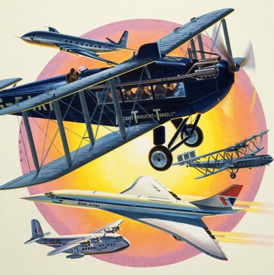 Montage av passagerarflygplan inklusive Concorde (gouache på papper) av Wilf (20th century) Hardy
