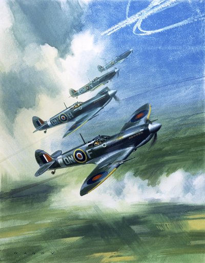 Patrullerande flyg från 416 Squadron, Royal Canadian Air Force, Spitfire Mark 9s (gouache på papper) av Wilf (20th century) Hardy