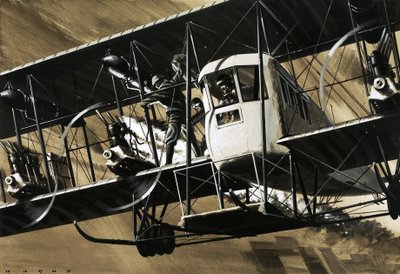 Två besättningsmän bland vajrar och stag på ett bombplan av typen Ilia Mourometz II släcker en motorbrand av Wilf (20th century) Hardy