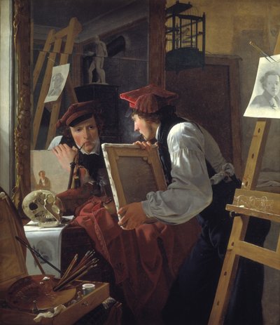 En ung konstnär (Ditlev Blunck) undersöker en skiss i en spegel av Wilhelm Bendz