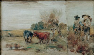 Dubbelbild: kor i hagen, två bönder som pratar av Wilhelm Busch