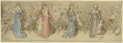 Fyra allegoriska kvinnoframställningar av Wilhelm Busch