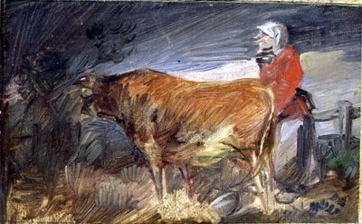 Kvinna och en ko i ett landskap av Wilhelm Busch
