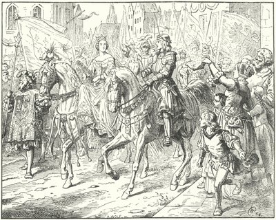 Ärkehertig Maximilian, den blivande helige romerske kejsaren Maximilian I, med sin brud, Maria av Bourgogne, i Gent av Wilhelm Camphausen
