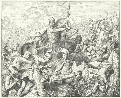 Arnulf av Kärnten stormar det normandiska försvaret vid floden Dyle, 891 (gravyr) av Wilhelm Camphausen