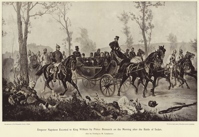 Kejsar Napoleon eskorterades till kung William av prins Bismarck på morgonen efter slaget vid Sedan av Wilhelm Camphausen