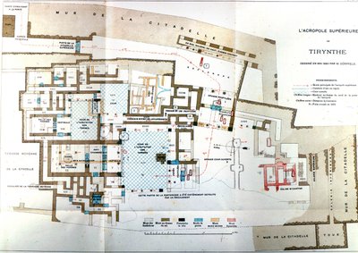 Karta över den antika staden Grekland Tiryns, Heinrich Schliemann, Paris av Wilhelm Doerpfeld