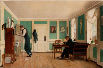 Interiör från Amaliegade, kapten Carl Ludvig Bendz stående och Dr. Jacob Christian Bendz sittande av Wilhelm Ferdinand Bendz
