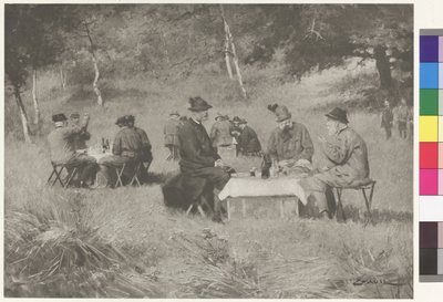 Jaktsällskap - kejsar Frans Josef till bords med prins Leopold av Bayern och storhertig Ferdinand IV av Toscana av Wilhelm Gause