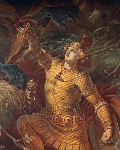 Sigurd dödar draken Fafuir genom att hålla Gramsvärdet, detalj, från Sigurd Saga, Nedre Hall, c.1882-83 (väggmålning) (se även 419035) av Wilhelm Hauschild