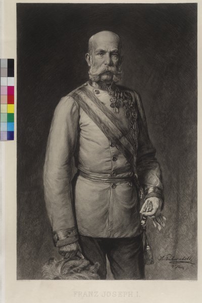 Franz Joseph I i fältmarskalkens galakostym, galahatten i krattad av Wilhelm Hecht