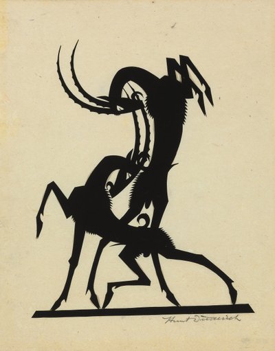 Fighting Goats, ca 1920 (klippt papper lagt på vävnad) av Wilhelm Hunt Diederich