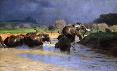 Elefanter som badar; Badande elefanter, 1908 av Wilhelm Kuhnert