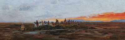 Husvagn i kvällsljuset vid vattenhålet av Wilhelm Kuhnert