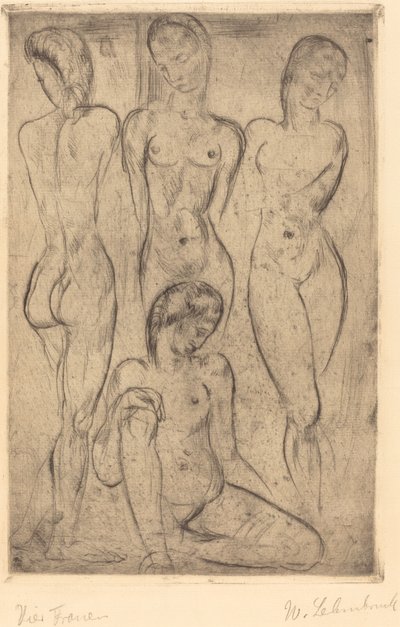 Fyra kvinnor; Tre stående, en sittande (fyra kvinnor; tre stående, en sittande) av Wilhelm Lehmbruck