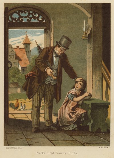 Pappa tröstar sin dotter efter att hon drabbats av konsekvenserna av att reta en hund (färg litho) av Wilhelm Ludwig Heinrich Claudius