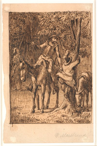 Innan slagsmålet med Mirror Knight hjälper Don Quijote Sancho Panza upp i ett träd av Wilhelm Marstrand