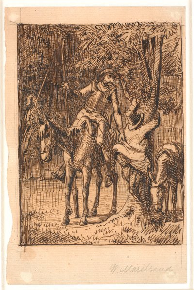 Innan slagsmålet med Mirror Knight hjälper Don Quijote Sancho Panza upp i ett träd av Wilhelm Marstrand
