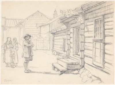 Gata i Orsa, Dalarna, med två kvinnor till vänster samt ett barn och en man av Wilhelm Marstrand