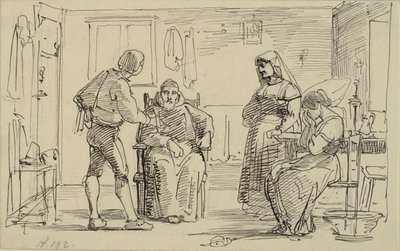 Interiör där en ung man förklarar något för en sittande munk, d.v.s. gråtande flicka och gammal fru av Wilhelm Marstrand