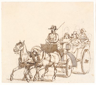 Landauer. Kusk med trekantig hatt, herre och tjänare av Wilhelm Marstrand