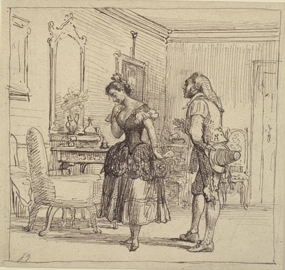 Rosina ger Figaro brevet till greve Almaviva. (Barberaren i Sevilla) av Wilhelm Marstrand