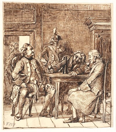 Scen på förlossningsavdelningen. Corfitz dricker Rhenvin med officeren och Jens Olsen av Wilhelm Marstrand
