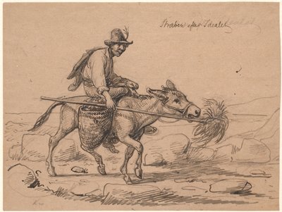 "Jakten efter idealet". Den italienska åsneryttaren driver djuret framåt genom att hålla ett hö på en stång mot dess nosparti av Wilhelm Marstrand