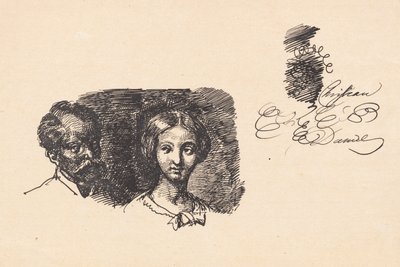 Studieblad med två huvuden och ett skrivprov av Wilhelm Marstrand